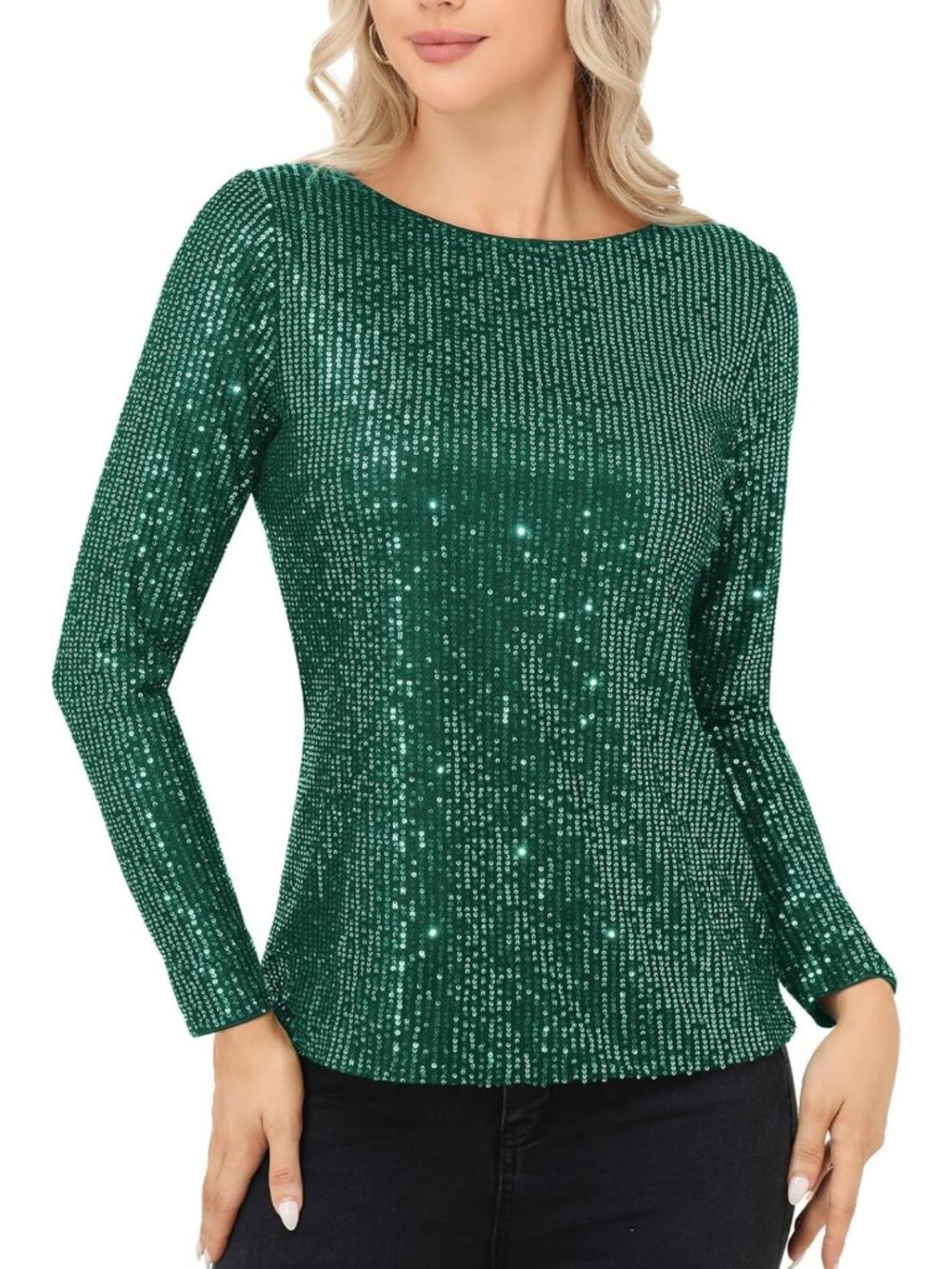 Sparkly Long Sleeve Sequin Top | Crew Neck Party Blouse with Lined Interior